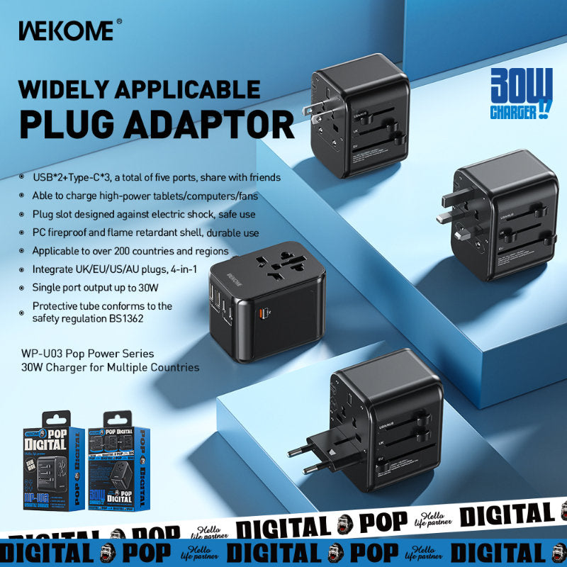 WEKOME WP-U03 Pop Digital Series - EU / UK / US / AU Oplader / Reisadapter + 3x USB-C &amp; 2x USB-A 30W (zwart)