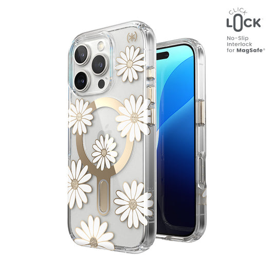 Speck Presidio Lux ClickLock &amp; MagSafe - Hoesje voor iPhone 16 Pro (Sunshine Daisies / Transparant / Goud)