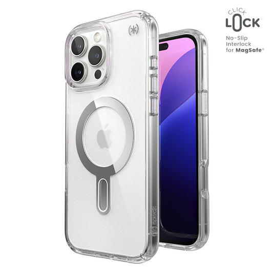 Speck Presidio Perfect-Clear ClickLock &amp; MagSafe - Hoesje voor iPhone 16 Pro Max (Transparant / Chromen afwerking / Serene Silver)