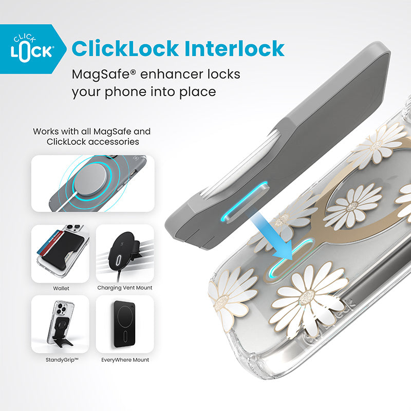 Speck Presidio Lux ClickLock &amp; MagSafe - Hoesje voor iPhone 16 Pro (Sunshine Daisies / Transparant / Goud)