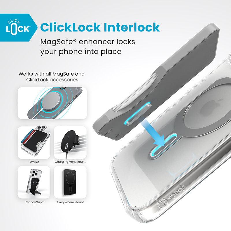 Speck Presidio Perfect-Clear ClickLock &amp; MagSafe - Hoesje voor iPhone 16 Pro Max (Transparant / Chromen afwerking / Serene Silver)