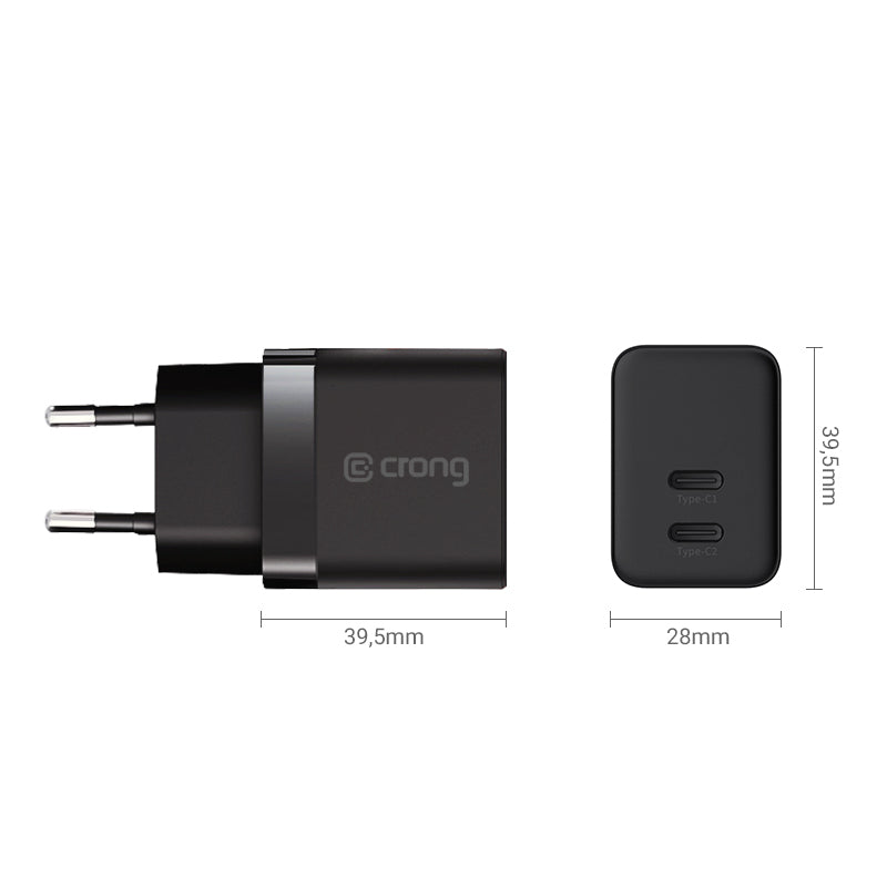 Crong Ultra Compact GaN - Wandladegerät 2x USB-C Power Delivery 35W (Schwarz)