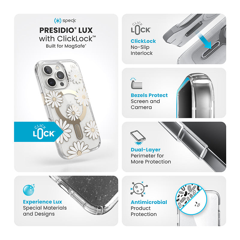 Speck Presidio Lux ClickLock &amp; MagSafe - Hoesje voor iPhone 16 Pro (Sunshine Daisies / Transparant / Goud)