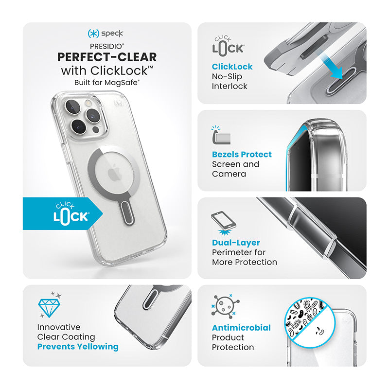 Speck Presidio Perfect-Clear ClickLock &amp; MagSafe - Hoesje voor iPhone 16 Pro Max (Transparant / Chromen afwerking / Serene Silver)