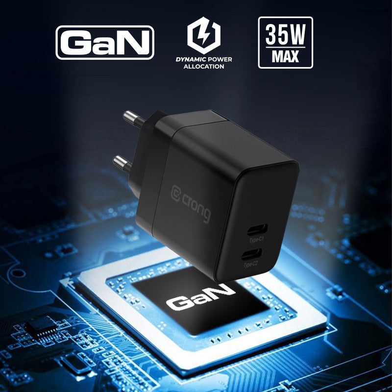 Crong Ultra Compact GaN - Wandladegerät 2x USB-C Power Delivery 35W (Schwarz)