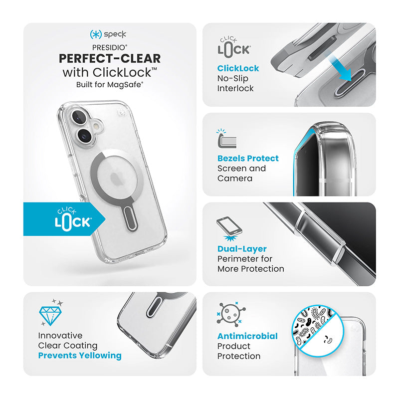 Speck Presidio Perfect-Clear ClickLock &amp; MagSafe - Hoesje voor iPhone 16 (Transparant / Chromen afwerking / Serene Silver)