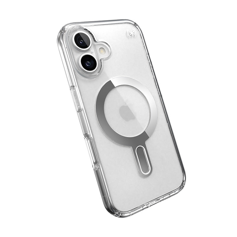 Speck Presidio Perfect-Clear ClickLock &amp; MagSafe - Hoesje voor iPhone 16 (Transparant / Chromen afwerking / Serene Silver)