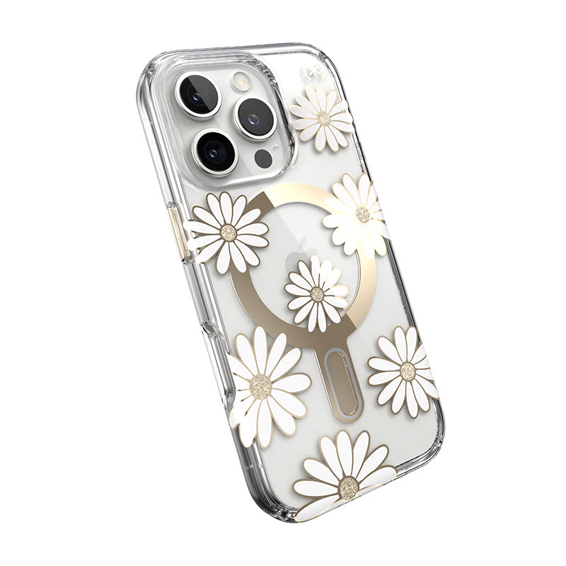 Speck Presidio Lux ClickLock &amp; MagSafe - Hoesje voor iPhone 16 Pro (Sunshine Daisies / Transparant / Goud)