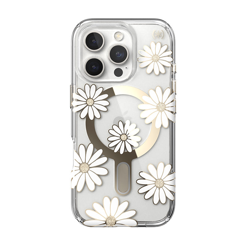 Speck Presidio Lux ClickLock &amp; MagSafe - Hoesje voor iPhone 16 Pro (Sunshine Daisies / Transparant / Goud)