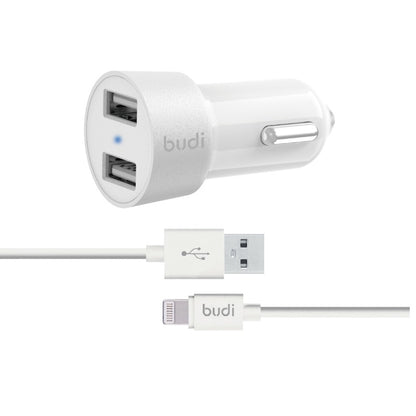 Budi – 2 USB-Autoladegeräte mit LED-Anzeige + Lightning-Kabel