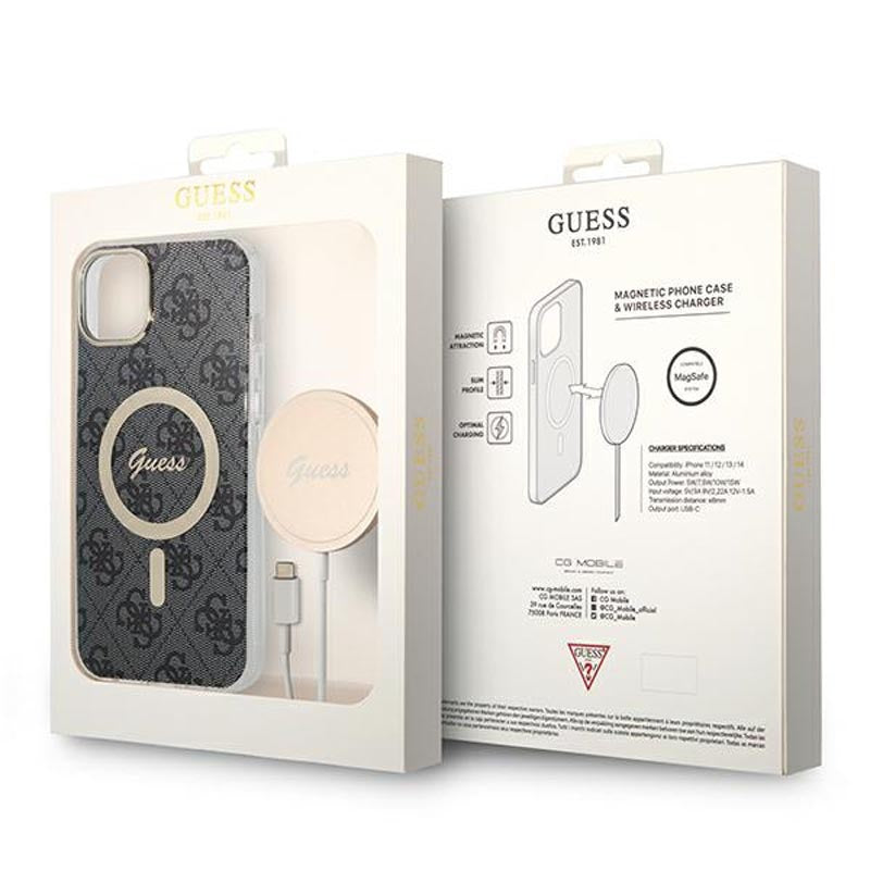 Guess Bundle Pack MagSafe 4G - Set hoesje voor iPhone 14 Plus + MagSafe oplader (Zwart/Goud)