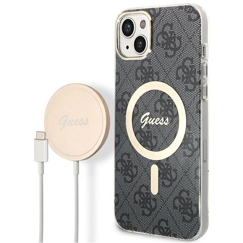 Guess Bundle Pack MagSafe 4G - Set hoesje voor iPhone 14 Plus + MagSafe oplader (Zwart/Goud)