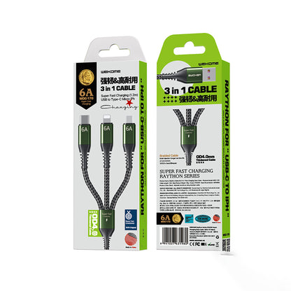 WEKOME WDC-170 Raython-Serie – 3-in-1 USB-A auf USB-C + Lightning + Micro USB 1,2 m Schnelllade-PD-Kabel (Schwarz)