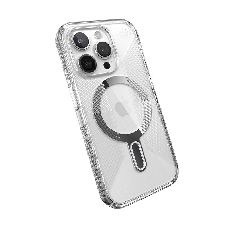 Speck Presidio Perfect-Clear Grip ClickLock & Magsafe - Case for iPhone 15 Pro (Clear / Chrome Finish / Serene Silver)