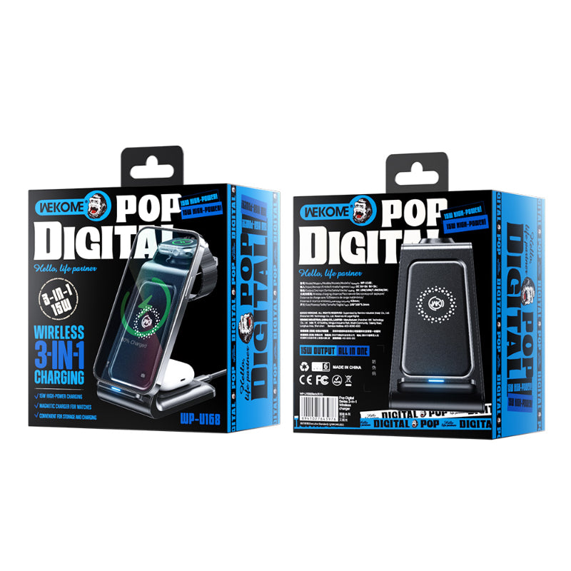 WEKOME WP-U168 Pop Digital Series - 3-in-1 draadloze oplader voor iPhone, AirPods en Apple Watch (zwart)