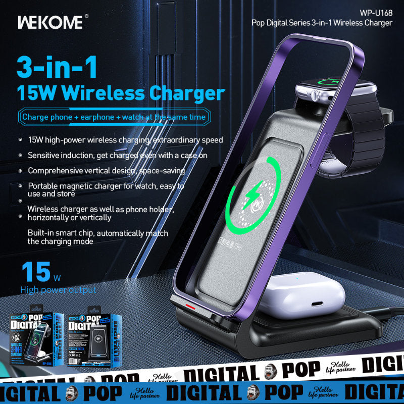 WEKOME WP-U168 Pop Digital Series - 3-in-1 draadloze oplader voor iPhone, AirPods en Apple Watch (zwart)