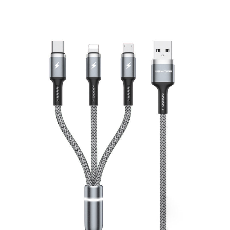 WEKOME WDC-119 Fython-serie - 3-in-1 USB-A naar Lightning + USB-C + micro-USB PD-aansluitkabel 1,2 m (zilver)