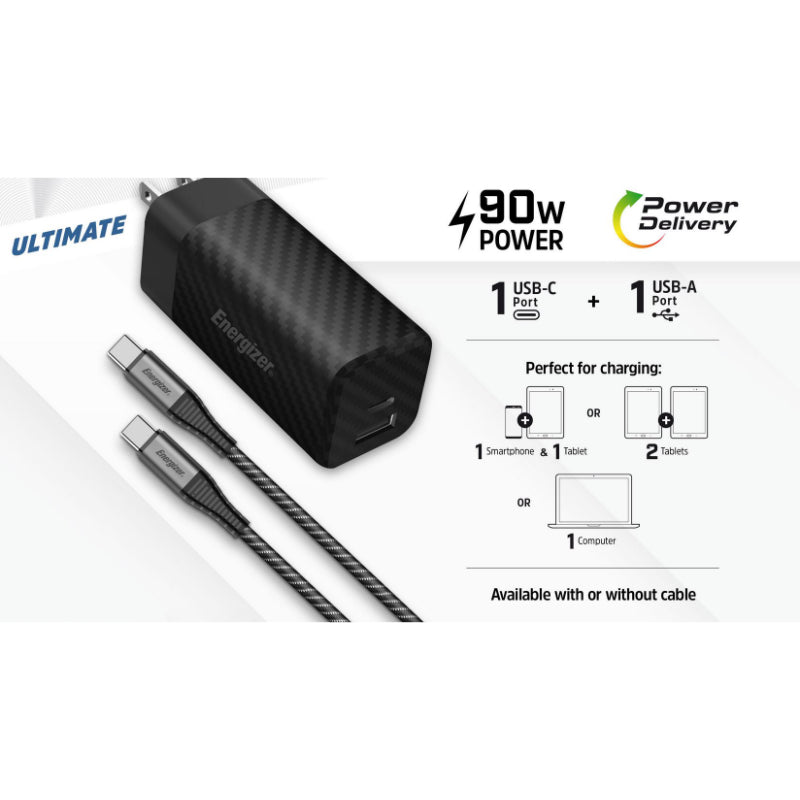 Energizer Ultimate – Multiplug EU/UK/US GaN USB-C &amp; USB-A 90W PD-Netzladegerät + USB-C-Kabel (Schwarz)