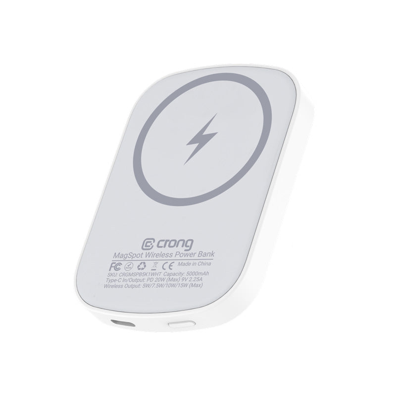 Crong MagSpot Power Bank – Kabellose, ultraschlanke Powerbank mit MagSafe 5000 mAh, USB-C 20 W PD (weiß)