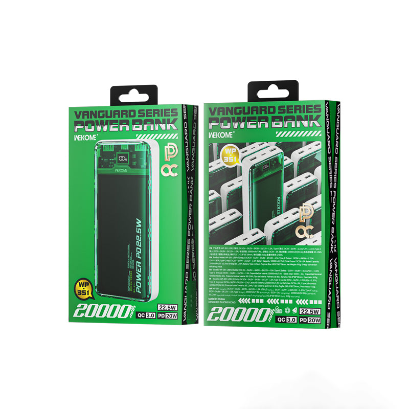 WEKOME WP-351 Vanguard-serie - Powerbank 20000 mAh PD 20W + QC 22,5W (groen / transparant)