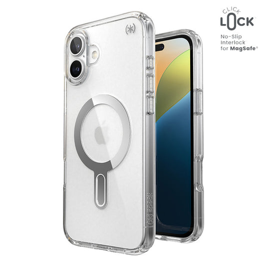 Speck Presidio Perfect-Clear ClickLock &amp; MagSafe - Hoesje voor iPhone 16 Plus (Transparant / Chromen afwerking / Serene Silver)