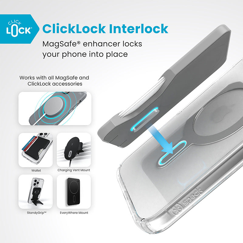 Speck Presidio Perfect-Clear ClickLock &amp; MagSafe - Hoesje voor iPhone 16 Plus (Transparant / Chromen afwerking / Serene Silver)