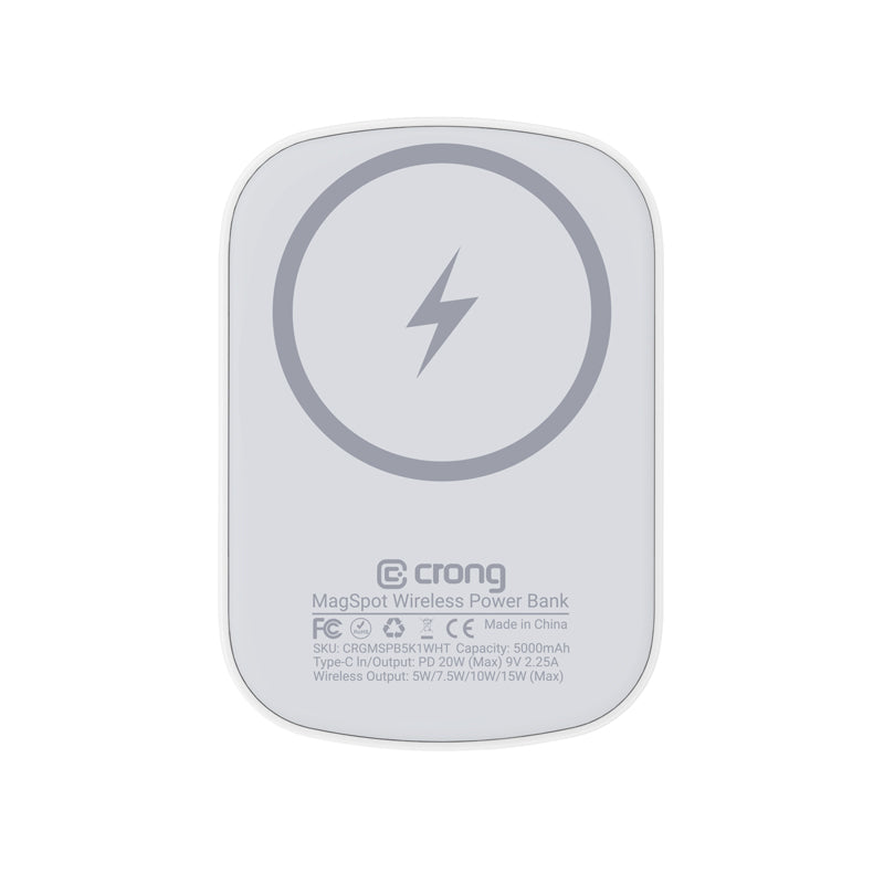 Crong MagSpot Power Bank – Kabellose, ultraschlanke Powerbank mit MagSafe 5000 mAh, USB-C 20 W PD (weiß)