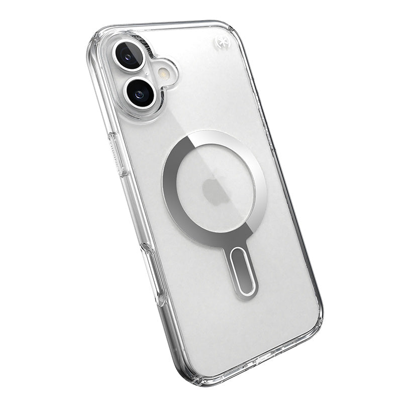 Speck Presidio Perfect-Clear ClickLock &amp; MagSafe - Hoesje voor iPhone 16 Plus (Transparant / Chromen afwerking / Serene Silver)