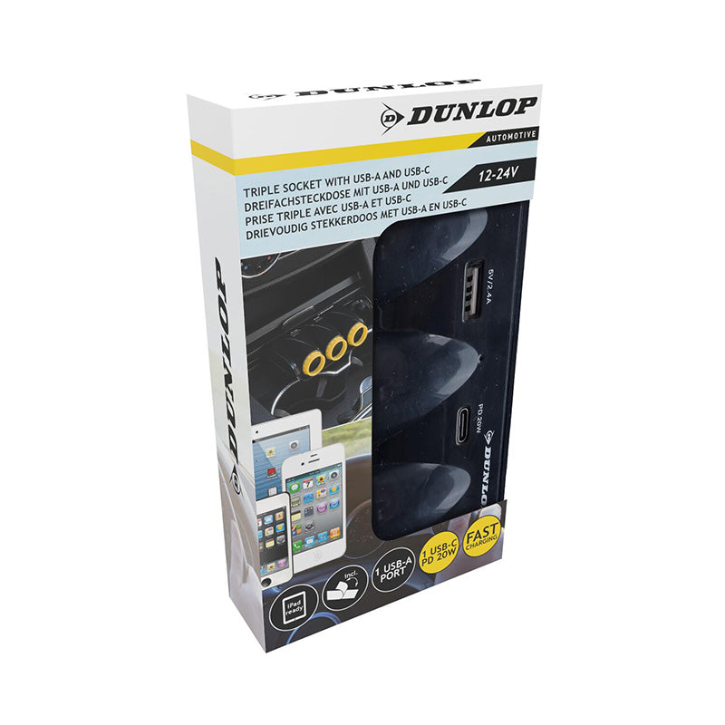 Dunlop - USB-A + USB-C 20W PD autolader / 3x 12/24V sigarettenaansteker-splitter (zwart)