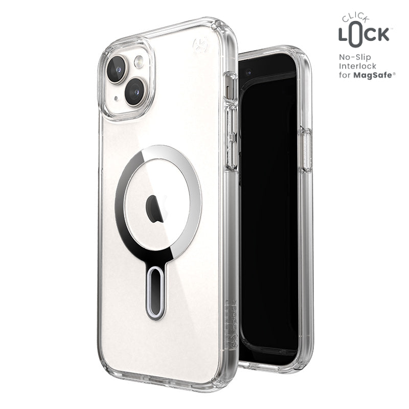 Speck Presidio Perfect-Clear ClickLock & Magsafe - Case for iPhone 15 Plus / iPhone 14 Plus (Clear / Chrome Finish / Serene Silver)