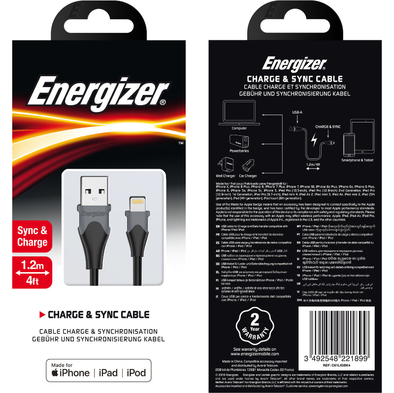 Energizer Classic - USB-A-zu-Lightning-Verbindungskabel MFi-zertifiziert 1,2 m (Schwarz)