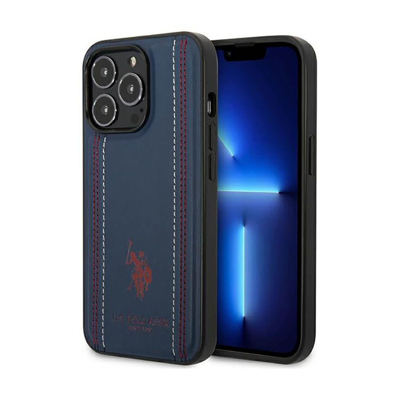 US Polo Assn Leather Stitch - Case voor iPhone 14 Pro (Marineblauw)