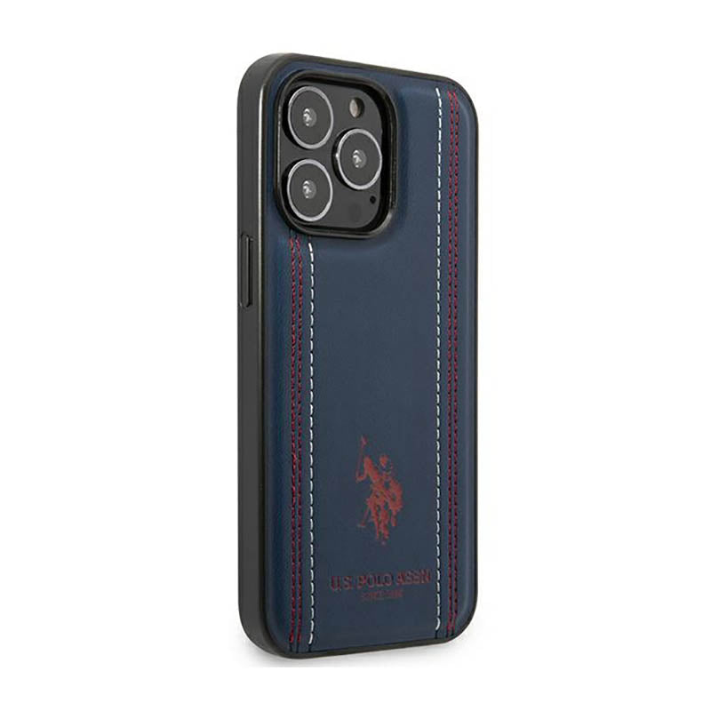 US Polo Assn Leather Stitch - Case voor iPhone 14 Pro (Marineblauw)