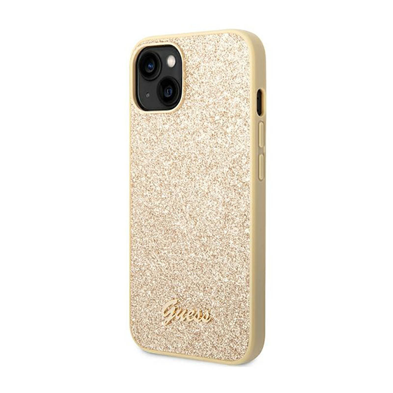 Guess Glitter Flakes Metal Logo-hoesje - hoesje voor iPhone 14 Plus (goud)