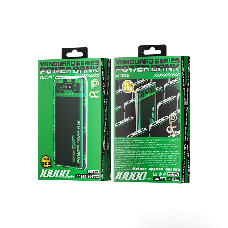 WEKOME WP-353 Vanguard-serie - Powerbank 10000 mAh PD 20W + QC 22,5W (groen / transparant)