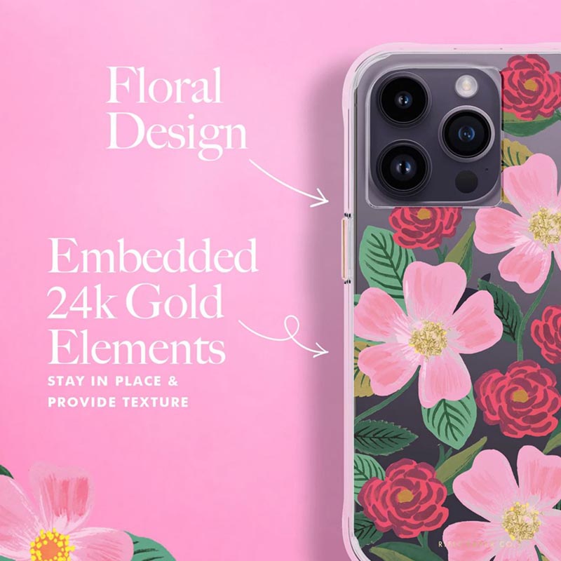 Rifle Paper Clear - Hoes gedecoreerd in goud voor iPhone 14 Pro (Rose Galden)