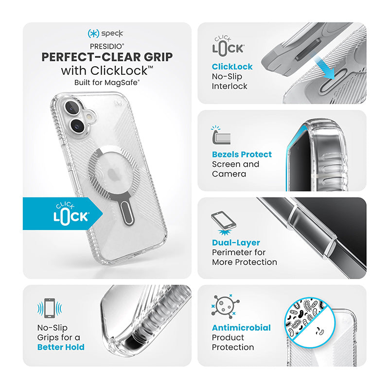 Speck Presidio Perfect-Clear Grip ClickLock &amp; MagSafe - Hoesje voor iPhone 16 Plus (Transparant / Chromen afwerking / Serene Silver)