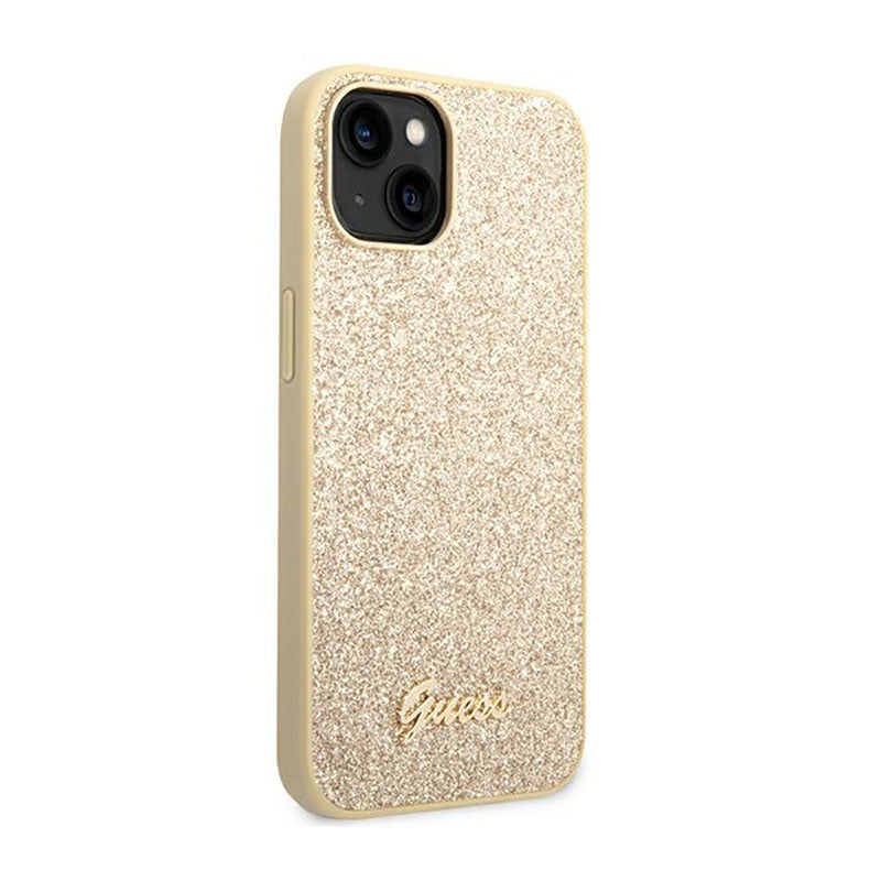 Guess Glitter Flakes Metal Logo-hoesje - hoesje voor iPhone 14 Plus (goud)