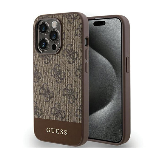 Guess 4G Bottom Stripe Metal Logo Collection - Hülle für iPhone 15 Pro Max (braun)
