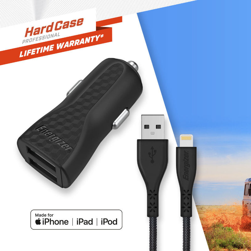 Energizer HardCase - Autolader 2x USB-A 17W 3.4A + MFi gecertificeerde Lightning-kabel (zwart)