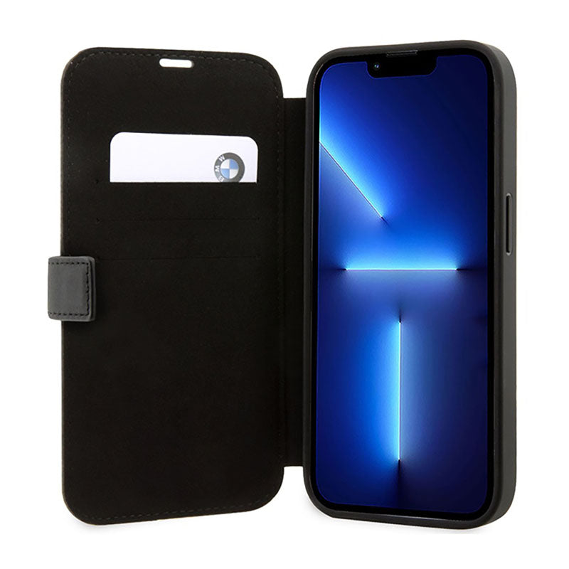 BMW Booktype Leather Stamp Blue Lines - Case for iPhone 14 Pro (Black)