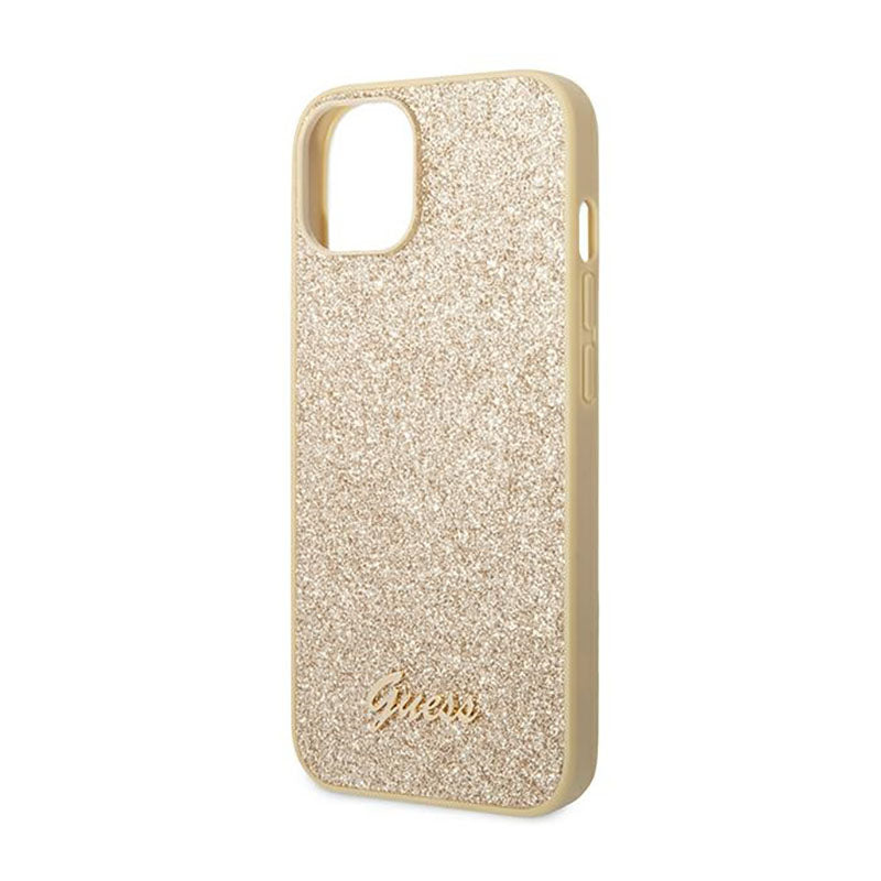 Guess Glitter Flakes Metal Logo-hoesje - hoesje voor iPhone 14 Plus (goud)