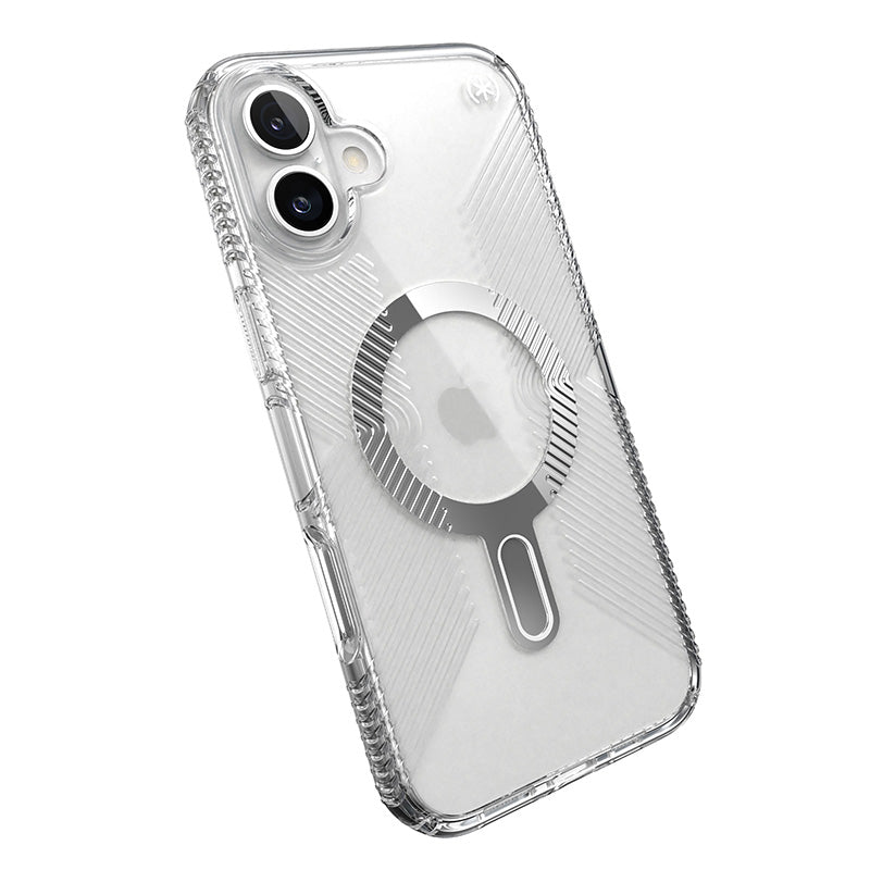 Speck Presidio Perfect-Clear Grip ClickLock &amp; MagSafe - Hoesje voor iPhone 16 Plus (Transparant / Chromen afwerking / Serene Silver)