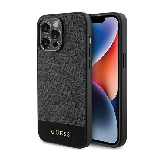Guess 4G Bottom Stripe Metal Logo Collection - Hülle für iPhone 15 Pro Max (grau)