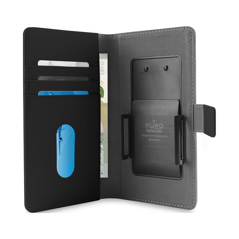 PURO Smart Wallet - Universele case met houder voor het maken van foto's met vakken voor kaarten en geld, maat XXL (zwart)