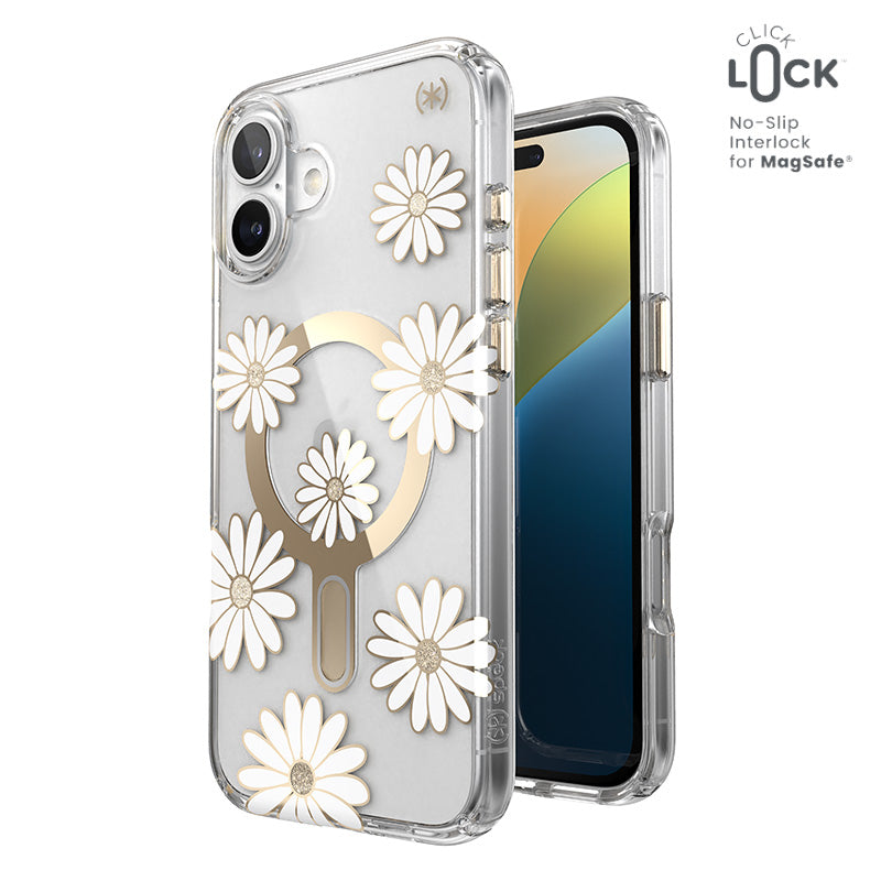 Speck Presidio Lux ClickLock &amp; MagSafe - Hoesje voor iPhone 16 Plus (Sunshine Daisies / Transparant / Goud)