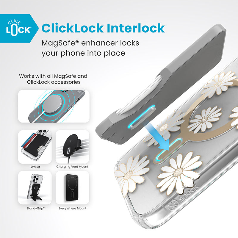 Speck Presidio Lux ClickLock &amp; MagSafe - Hoesje voor iPhone 16 Plus (Sunshine Daisies / Transparant / Goud)