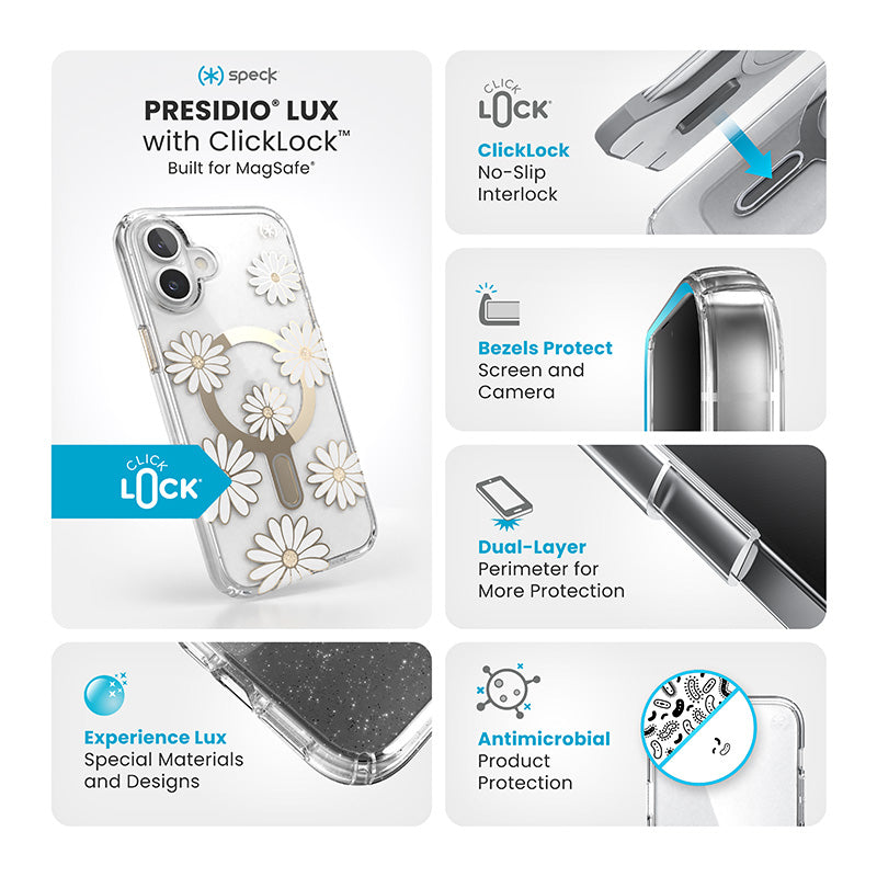 Speck Presidio Lux ClickLock &amp; MagSafe - Hoesje voor iPhone 16 Plus (Sunshine Daisies / Transparant / Goud)