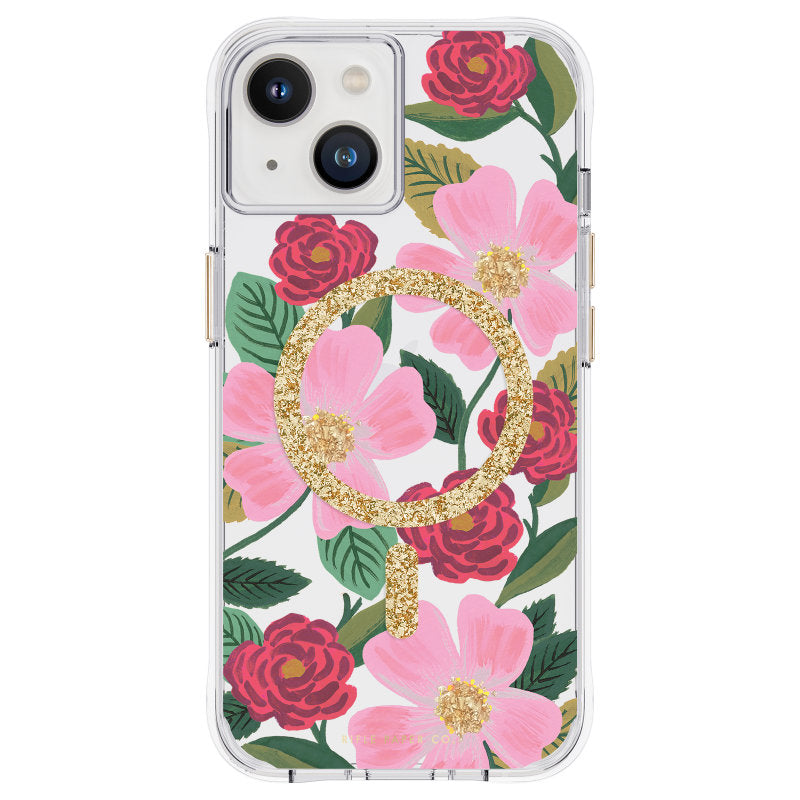 Rifle Paper Clear MagSafe - Hülle in Gold verziert für iPhone 14 / iPhone 13 (Rose Garden)