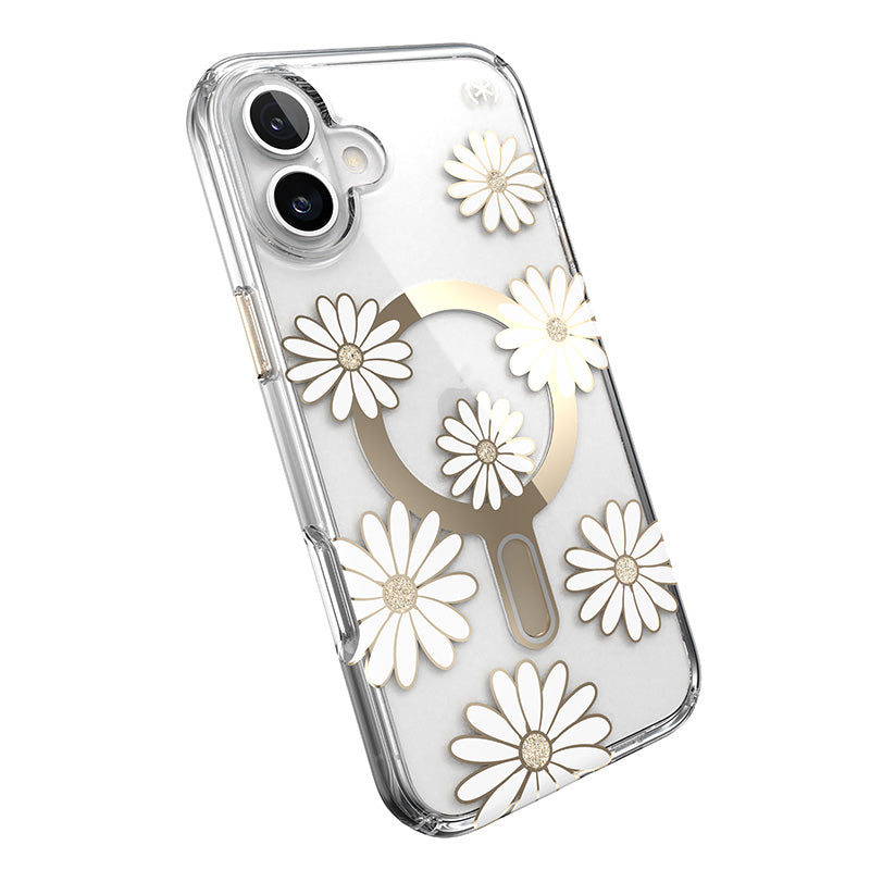 Speck Presidio Lux ClickLock &amp; MagSafe - Hoesje voor iPhone 16 Plus (Sunshine Daisies / Transparant / Goud)